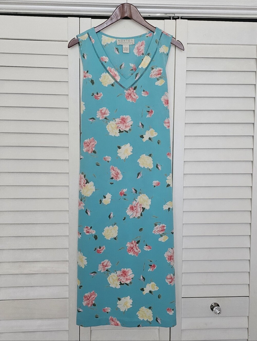 Vintage Norton McNaughton Floral Midi Dress Sz L Turquoise Sleeveless Tie Waist